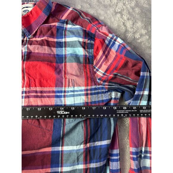Old‎ Navy Shirt Mens Button Down Medium Slim Fit Red Blue Plaid Short Sleeve - Picture 7 of 9